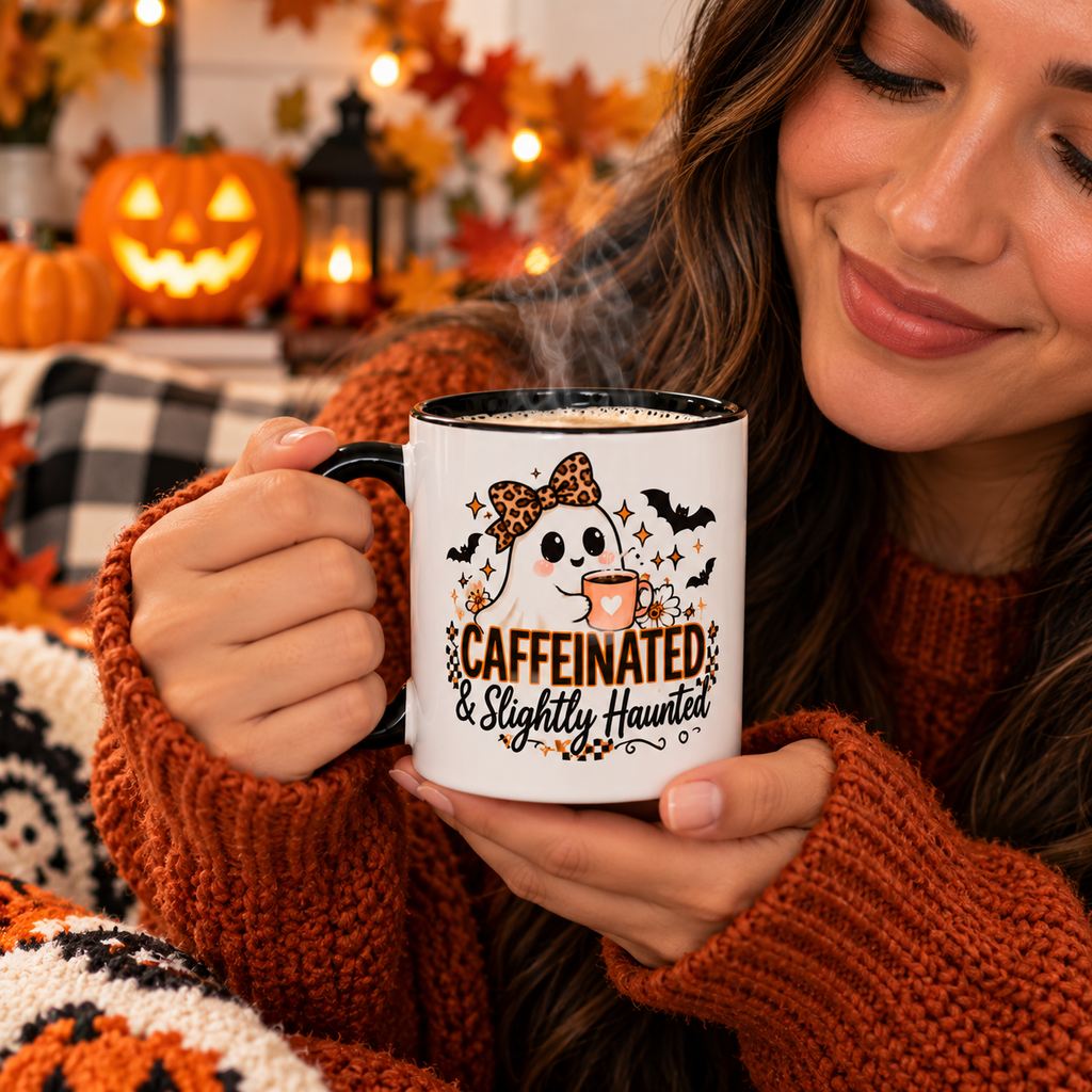 Caffeinated & Slightly Haunted Mug – Funny Halloween Coffee Mug