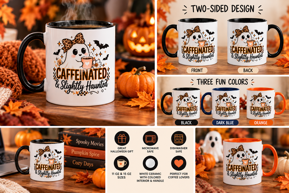 Caffeinated & Slightly Haunted Mug – Funny Halloween Coffee Mug