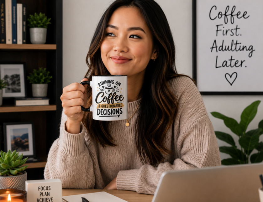 Running on Coffee & Questionable Decisions Mug – Funny Coffee Mug